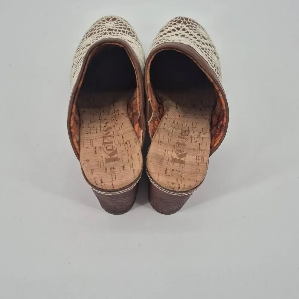 KORKS Clogs Womens Size 9 NORA Brown White Crochet Heels